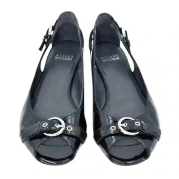 Stuart Weitzman Chit  Chat Flats Peep Toe Patent Leather Black Silver Women's 9 - Picture 1 of 16